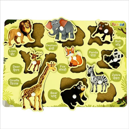 Educational animal puzzle with cartoon animals and labels on a yellow background
