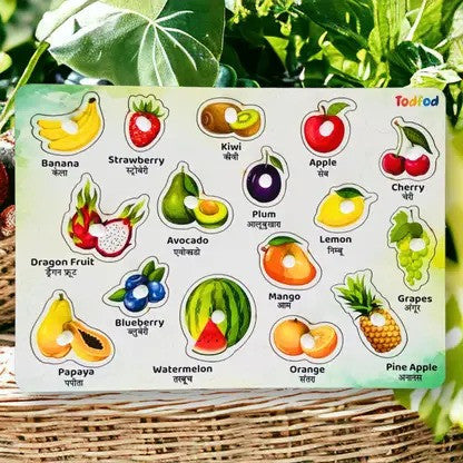 Fruit chart for children with illustrations and names, set against a natural background.