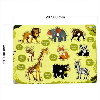Children's puzzle with animal illustrations and labels on a yellow background