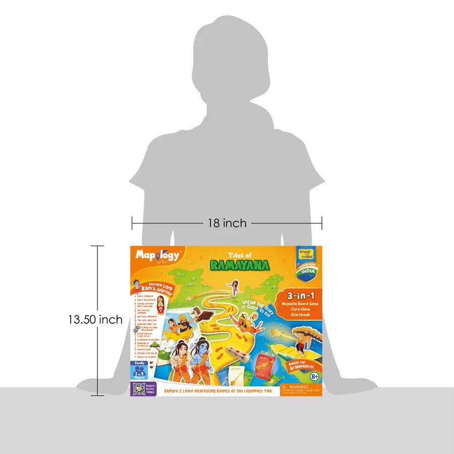 Mapology Tale of Ramayana educational game box with a person silhouette for scale on a white background