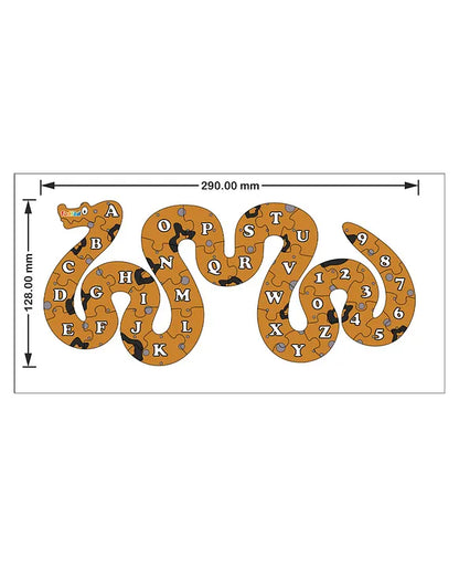 Snake-shaped alphabet puzzle with measurements on a white background