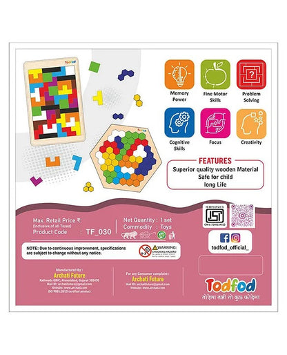 Todfod educational toys packaging with colorful puzzles and features listed.
