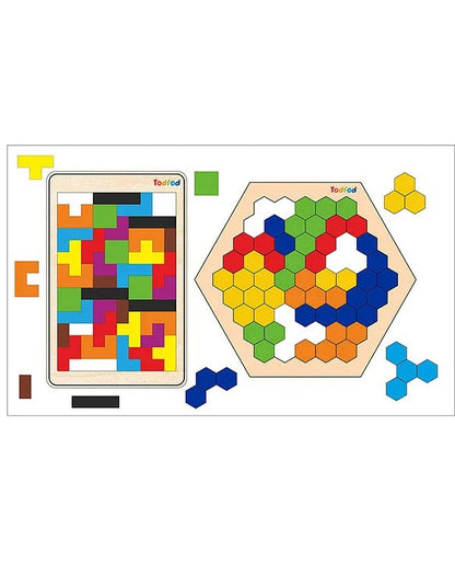 Two wooden puzzle toys with colorful geometric shapes on a white background