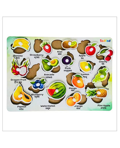 Colorful wooden fruit puzzle board for kids by Todfod featuring 14 fruits with English and Hindi names — banana, strawberry, kiwi, apple, cherry, dragon fruit, avocado, plum, lemon, blueberry, mango, papaya, watermelon, orange, grapes, and pineapple.