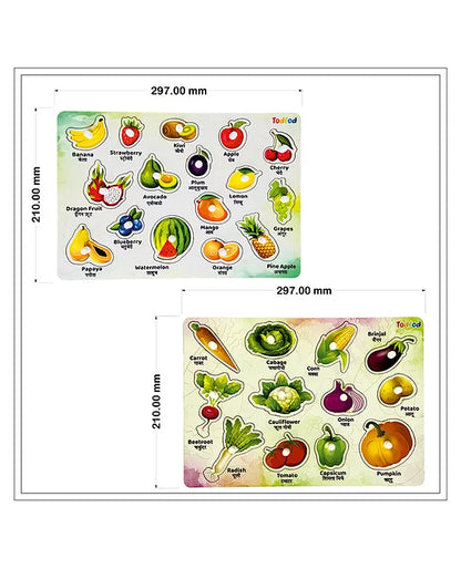 The board features various fruits, each labeled in English and Hindi, including banana, strawberry, kiwi, apple, cherry, dragon fruit, avocado, plum, lemon, grapes, blueberry, mango, orange, papaya, pineapple, and watermelon