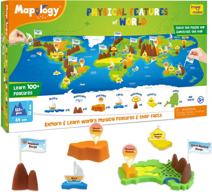 Mapology physical features of the world puzzle packaging with world map illustration
