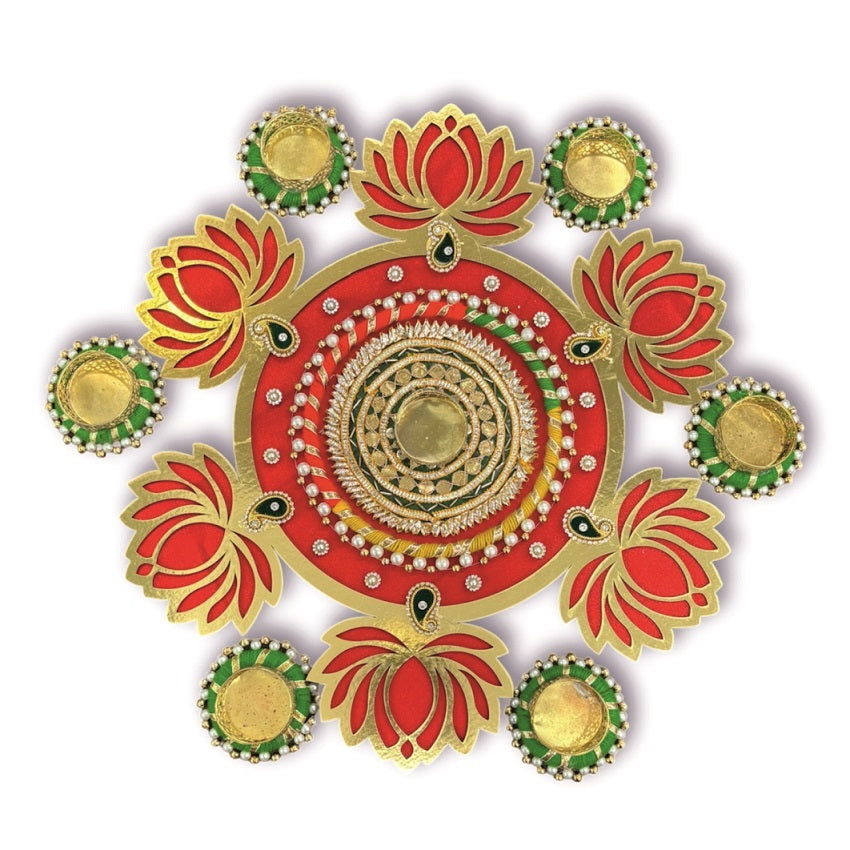 Smaran Red Lotus Diya Rangoli Set with Pearl (Moti) Diya Holders – Festive Floor Decor for Diwali & Mandir-Handmade Festive Decor for Pooja & Diwali
