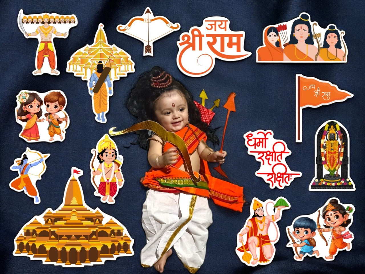 Child in traditional outfit surrounded by illustrations of deities and symbols on a dark blue background