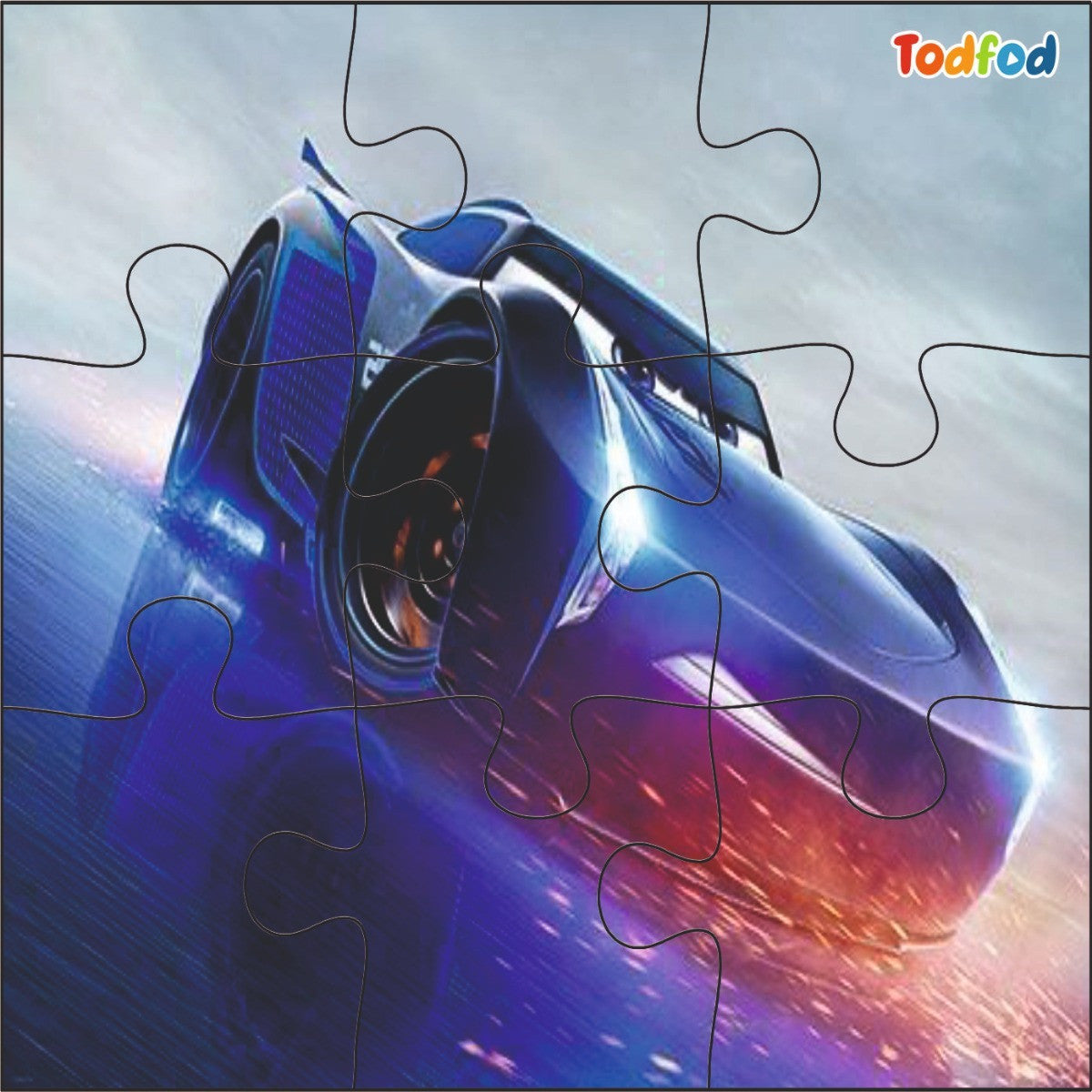 Jigsaw puzzle with a futuristic car design on a blue and purple gradient background, featuring the brand 'Todfod'.