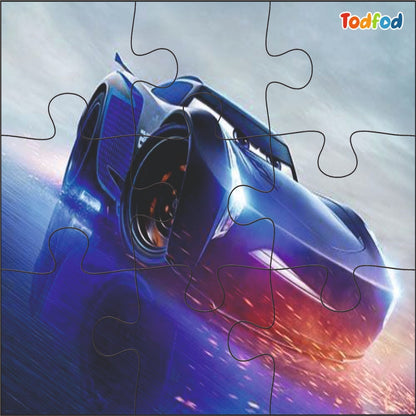 Jigsaw puzzle with a futuristic car design on a blue and purple gradient background, featuring the brand 'Todfod'.
