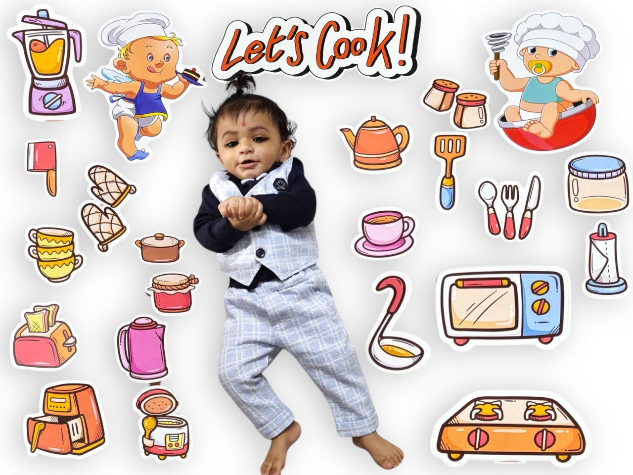 Child in a chef outfit surrounded by colorful cooking-themed illustrations with 'Let's Cook!' text.