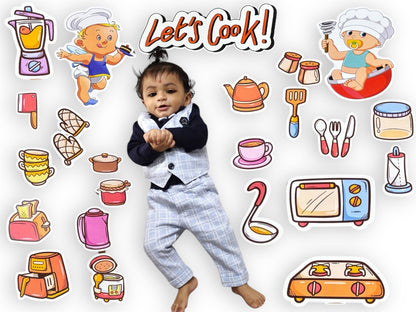 Child in a chef outfit surrounded by colorful cooking-themed illustrations with 'Let's Cook!' text.