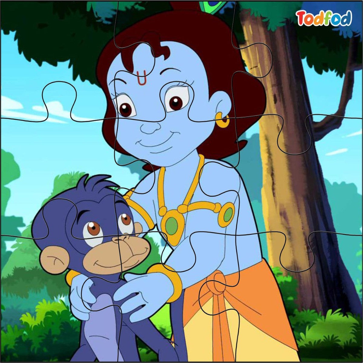 Animated character holding a monkey with a forest background