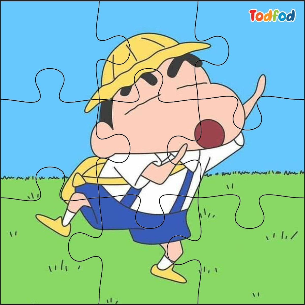 Cartoon character in a yellow cap and blue overalls on a grassy field with a blue sky, surrounded by puzzle pieces.