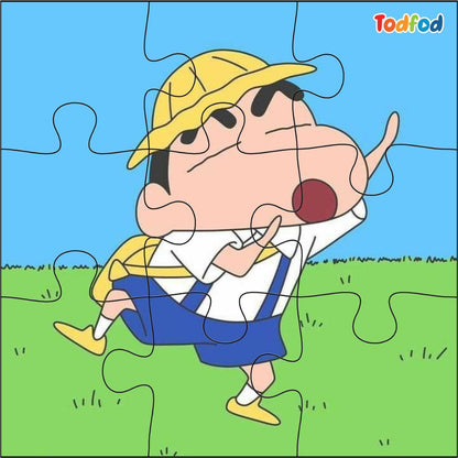Cartoon character in a yellow cap and blue overalls on a grassy field with a blue sky, surrounded by puzzle pieces.