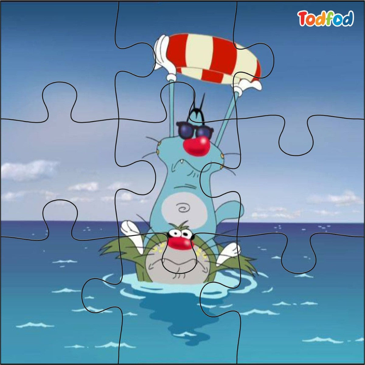 Cartoon character on a life raft in the ocean with 'Todfod' branding.