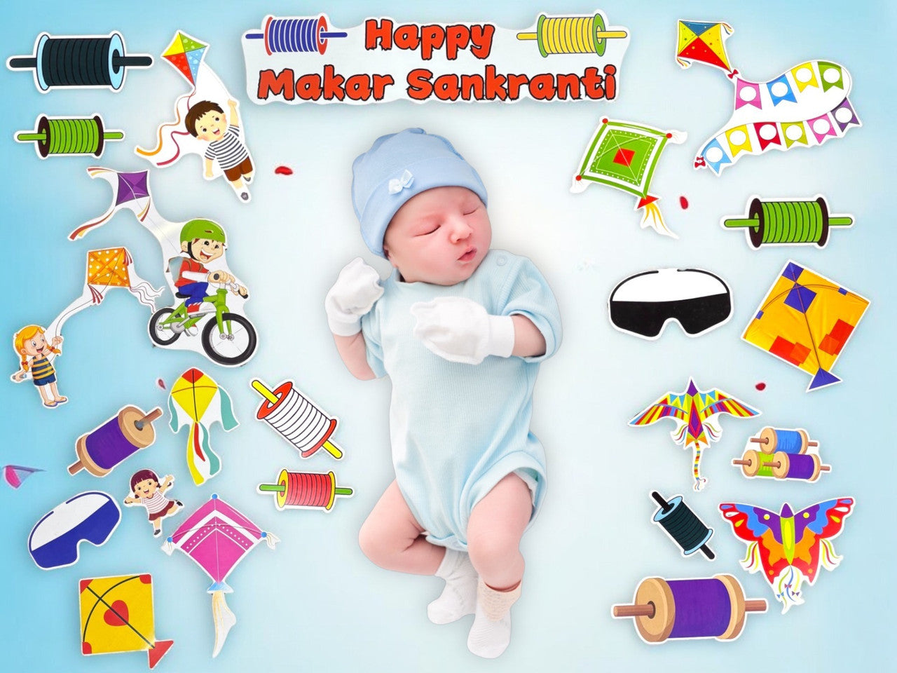 Baby in blue outfit surrounded by colorful toys and decorations with 'Happy Makar Sankranti' text on a light blue background.