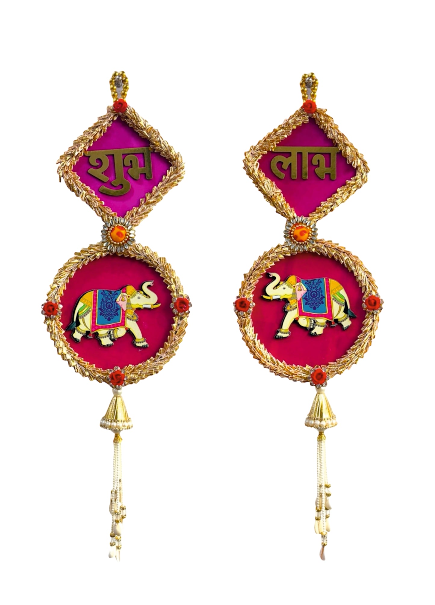 Smaran Handmade Peony Rose & Beaded Floral Latkan – Artificial Flower Tassel for Mandir Decoration, Festive Door Hanging, Wedding Backdrop, Home Temple Decore (Square Shubh Labh Hanging)