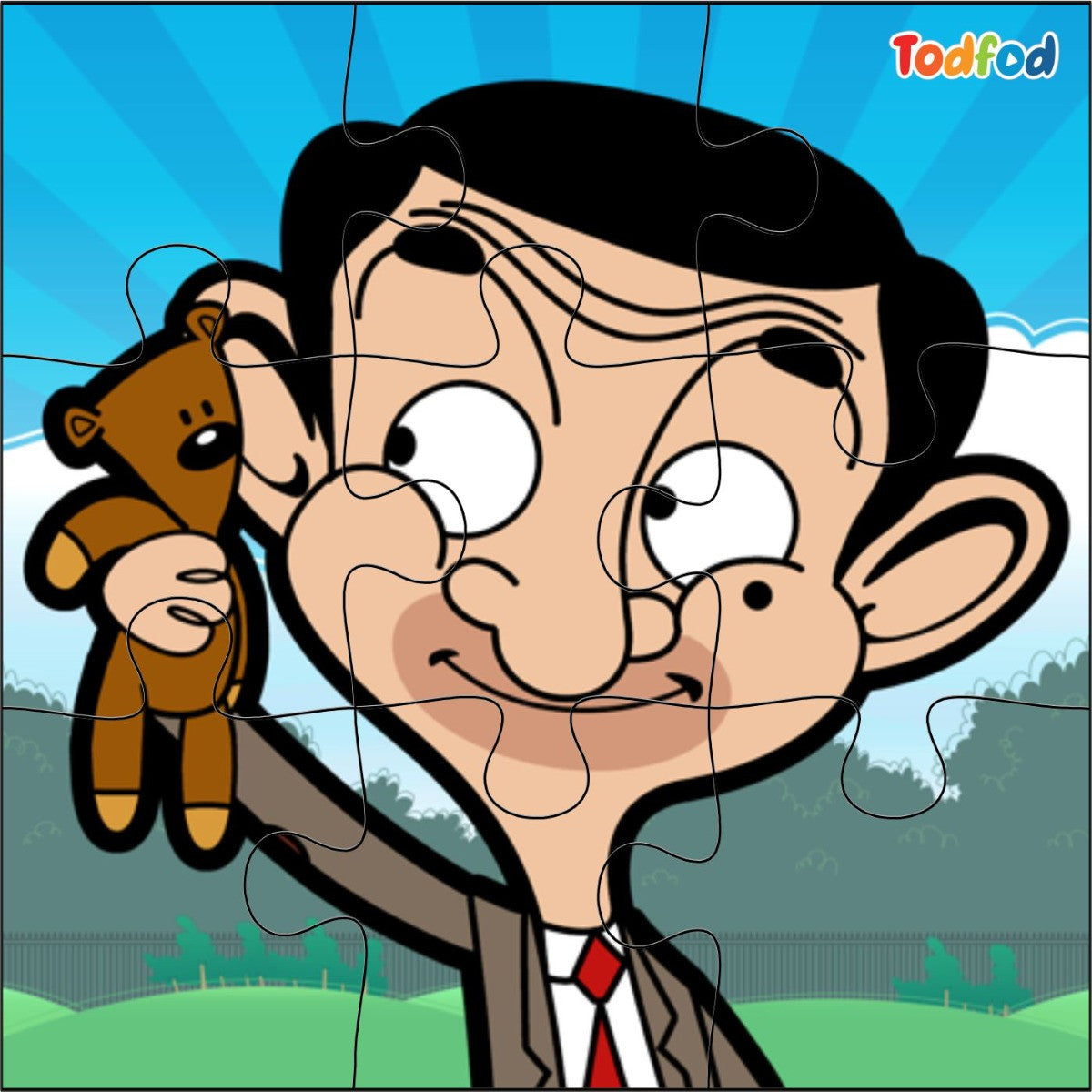 Cartoon character holding a teddy bear with a blue sky background