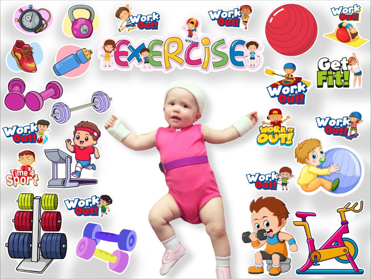 Baby in exercise outfit surrounded by fitness-themed illustrations and text on a white background