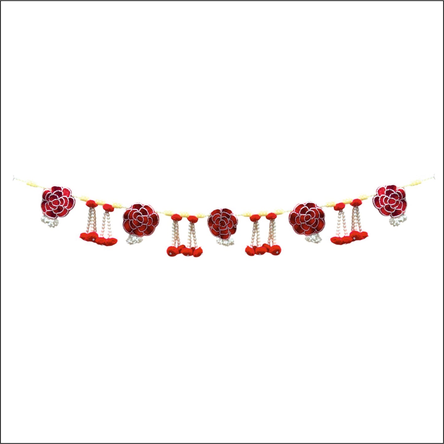 Decorative garland with red and pink flowers and red berries on a white background