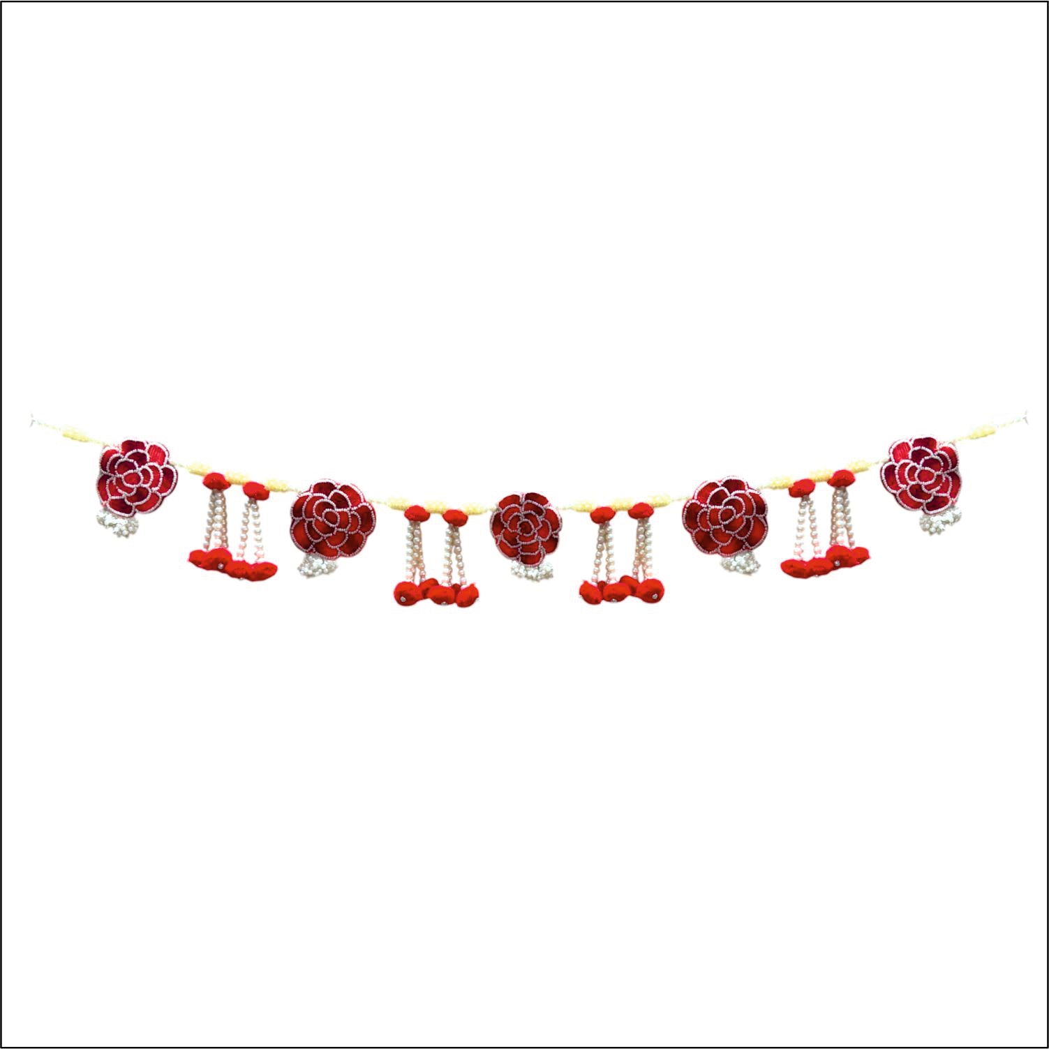 Decorative garland with red and pink flowers and red berries on a white background
