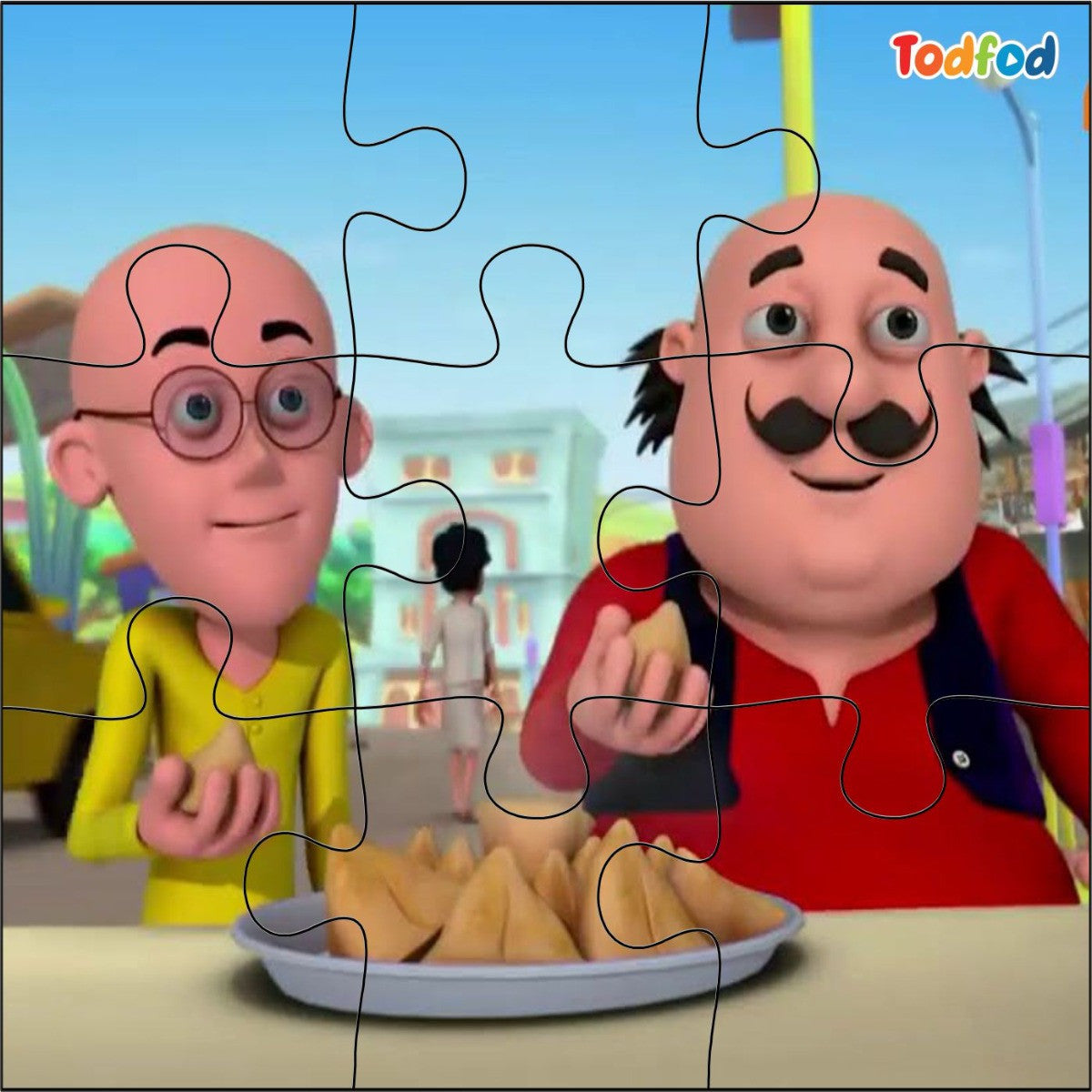 Cartoon characters with a plate of samosas, likely part of a puzzle game, with 'Todfod' branding.