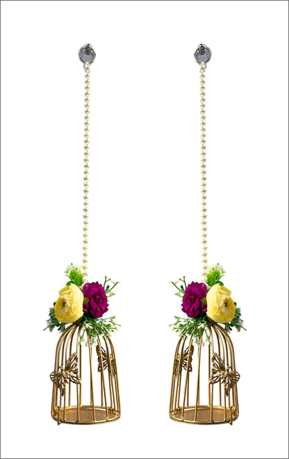 Smaran Cultural Hanging Cage Latkan Pair with Tealight Holders – Handmade Traditional Decorative Hanging with Beads & Embellishments for Home, Main Door, Pooja Room, Mandir