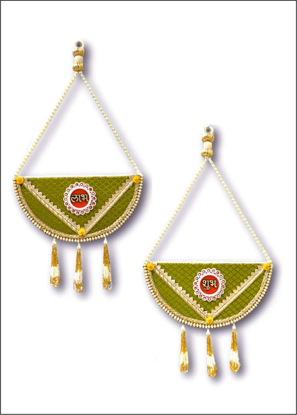 Smaran Half-Moon Shubh Labh Toran with Beads – Handmade Traditional Decorative Hanging with Green & Gold Accents for Main Door, Wall, Pooja Room, Mandir, Festivals, Weddings