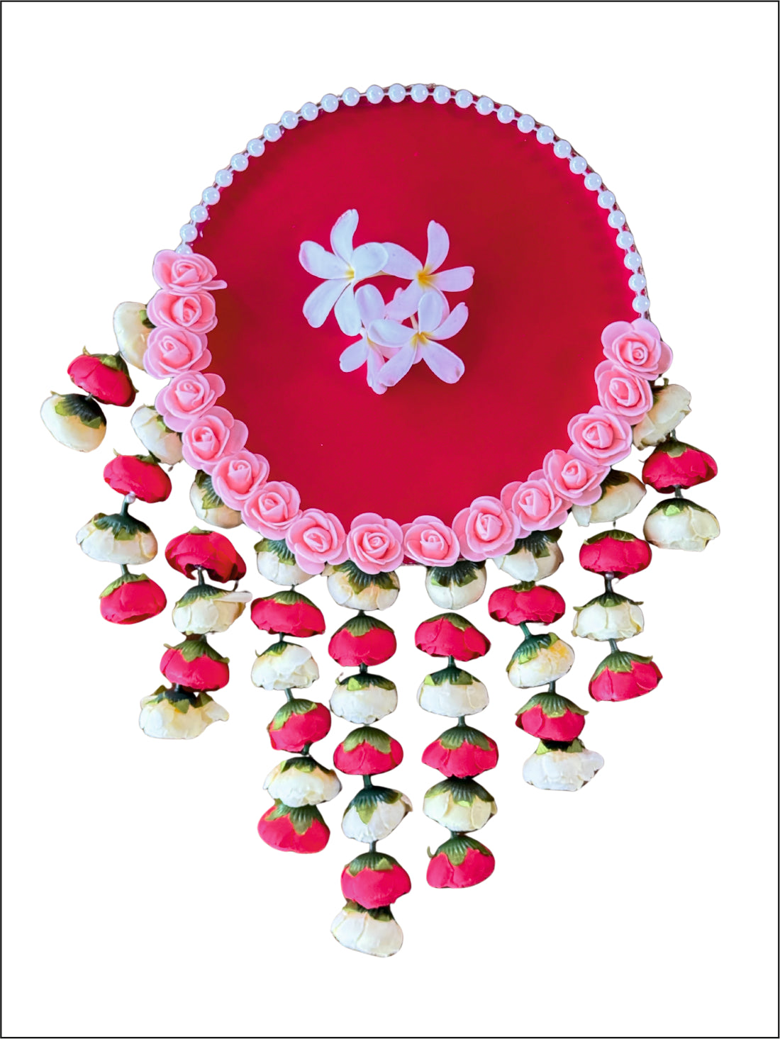 Smaran Cultural Festive Round Pooja Thali – Handmade Red Decorative Platter with Pearl & Rose Embellishments and Hanging Floral Latkan, Traditional Handcrafted Aarti Plate