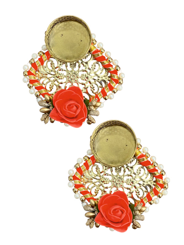 Smaran Handmade Elegant Candle Holder Set of 2 for Festivals, Weddings, Pooja Room & Home Décor, Traditional Indian Decorative Tealight Candle Set (Red Square Tealight Diya Pair with Flower Design)