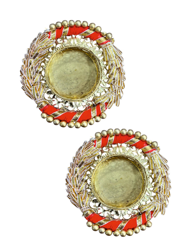 Smaran Red Gota Patti Lace Tealight Holder Set of 2 – Handmade Decorative Candle Holder Pair with Traditional Gota Patti Embellishments for Diwali, Navratri, Weddings, Pooja Room
