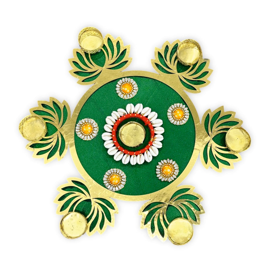 Decorative green and gold pattern on a white background