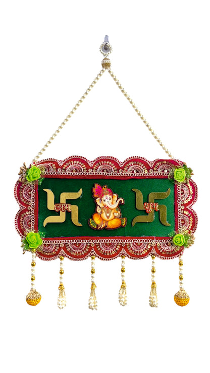 Smaran Cultural Ganesh Swastik Latkan – Handmade Traditional Decorative Hanging with Beads & Embellishments for Main Door, Wall, Pooja Room, Mandir, Festivals, Weddings