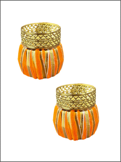 Smaran Drum Inspired Decorative Tealight Holder Pair – Handmade Traditional Festival Candle Holder Set of 2 with Ethnic Drum Design for Diwali, Navratri, Weddings, Pooja Room