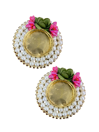 Smaran Handmade Elegant Candle Holder Set of 2 for Festivals, Weddings, Pooja Room & Home Décor, Traditional Indian Decorative Tealight Candle Set (Double Pearl Ring Tealight Holder)