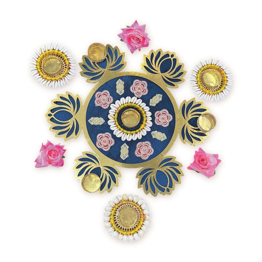 Smaran Handcrafted Blue Lotus Rangoli Set with Cowrie Shell Diya – Traditional Festive Floor Décor for Diwali, Weddings & Pooja Ceremonies (Blue Lotus Rangoli Set)