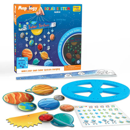 Mapology Solar System mobile set with packaging, planets, and stickers on a white background