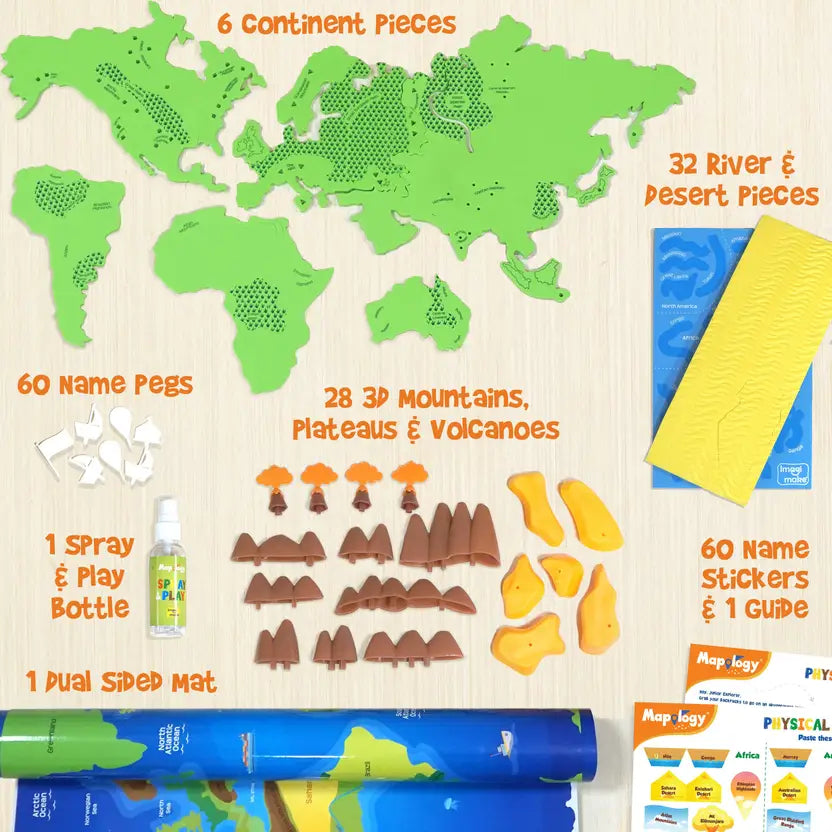 World map educational toy set with various pieces on a beige background