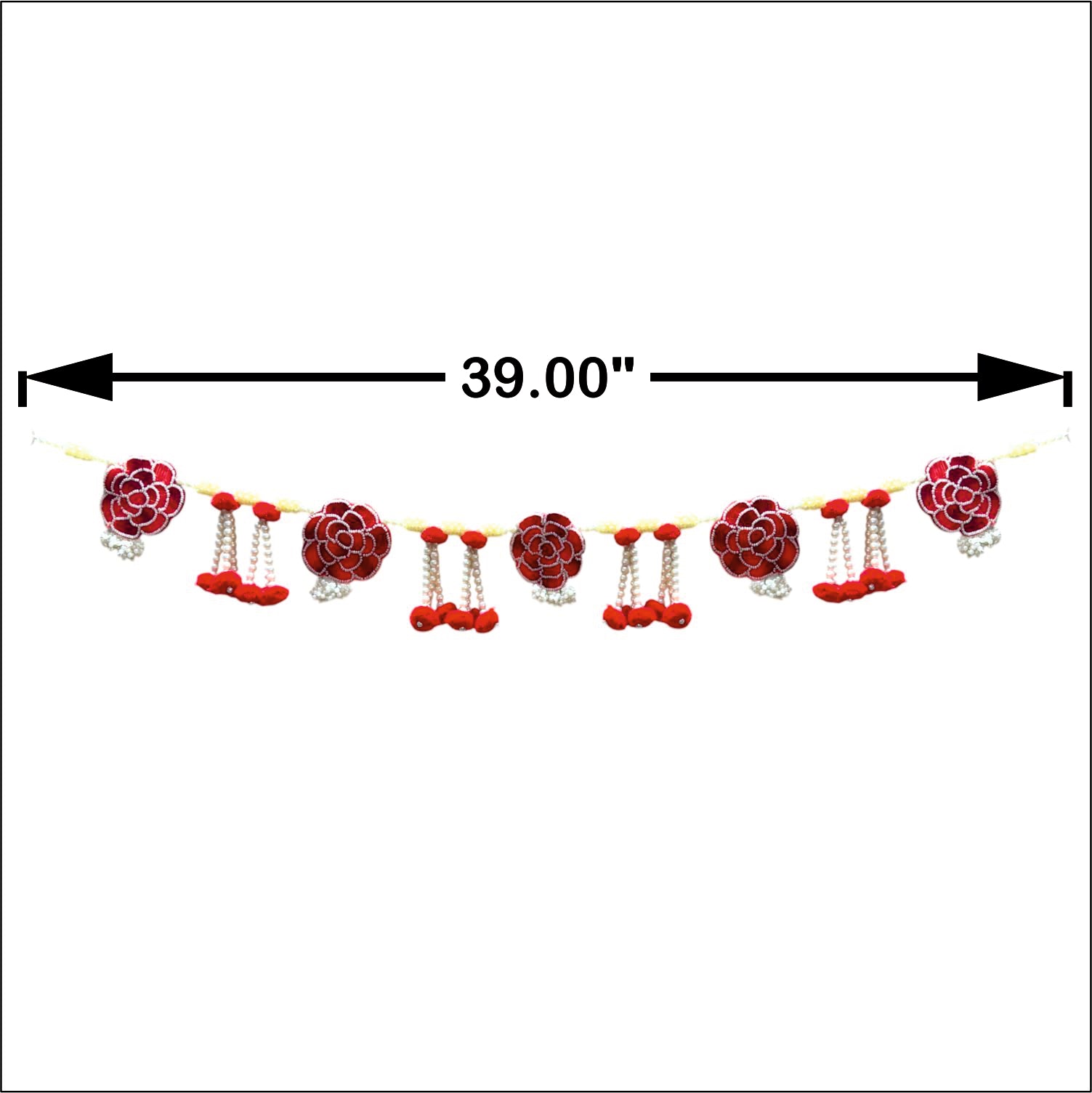 Decorative garland with flowers and berries, measurement indicated on a white background