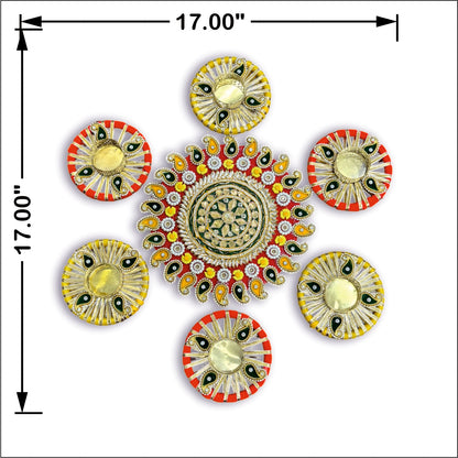 Decorative wall art with circular designs and measurements on a white background