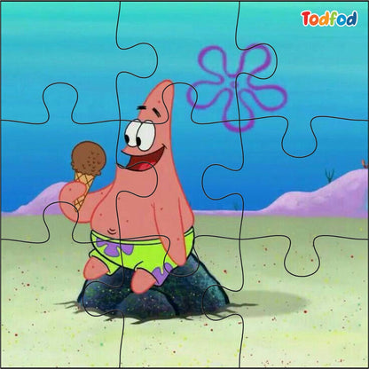 Cartoon character holding an ice cream cone with a puzzle outline
