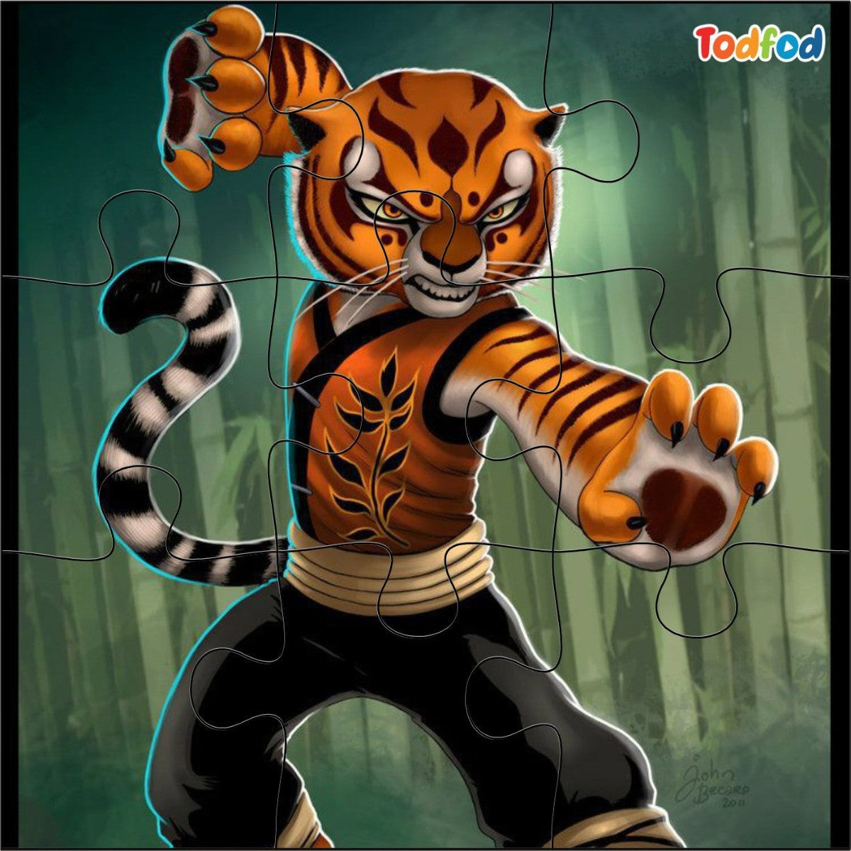 Animated tiger character in a forest setting with 'Todfod' branding.