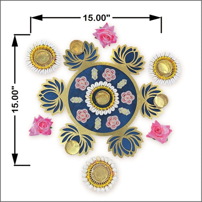 Smaran Handcrafted Blue Lotus Rangoli Set with Cowrie Shell Diya – Traditional Festive Floor Décor for Diwali, Weddings & Pooja Ceremonies (Blue Lotus Rangoli Set)