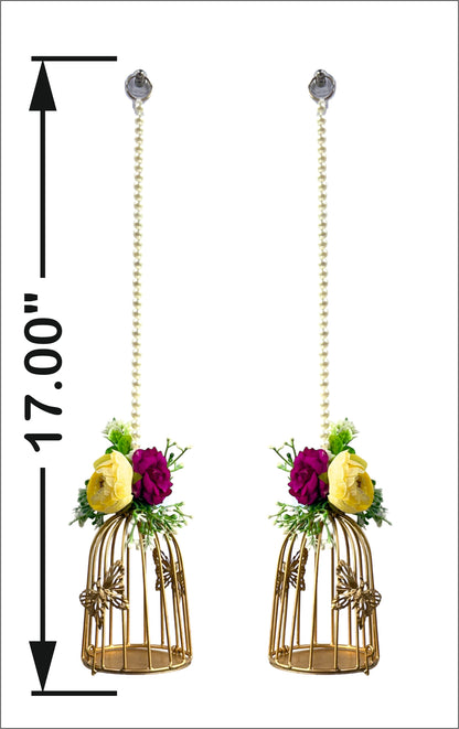 Smaran Cultural Hanging Cage Latkan Pair with Tealight Holders – Handmade Traditional Decorative Hanging with Beads & Embellishments for Home, Main Door, Pooja Room, Mandir