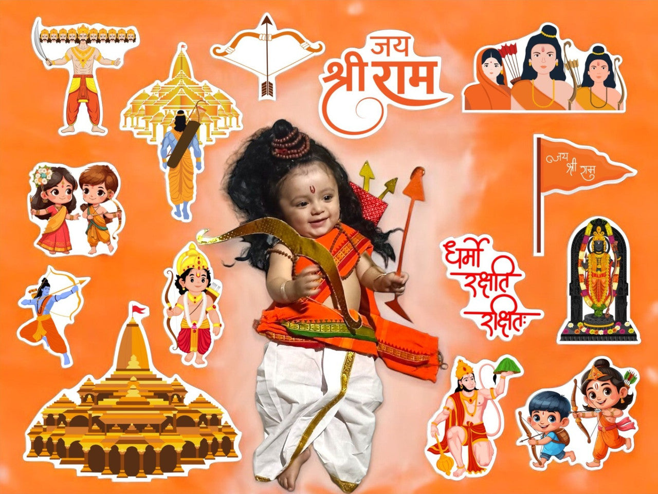 Child in traditional attire surrounded by illustrations of deities and religious symbols on an orange background