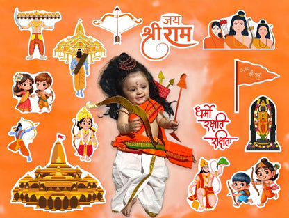 Child in traditional attire surrounded by illustrations of deities and religious symbols on an orange background