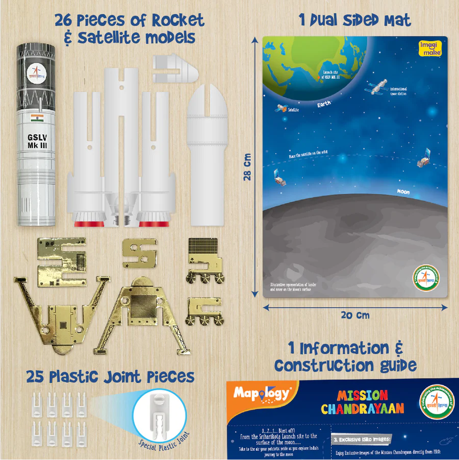 Mapology Mission Chandrayaan space model kit with rocket and satellite pieces on a wooden board.