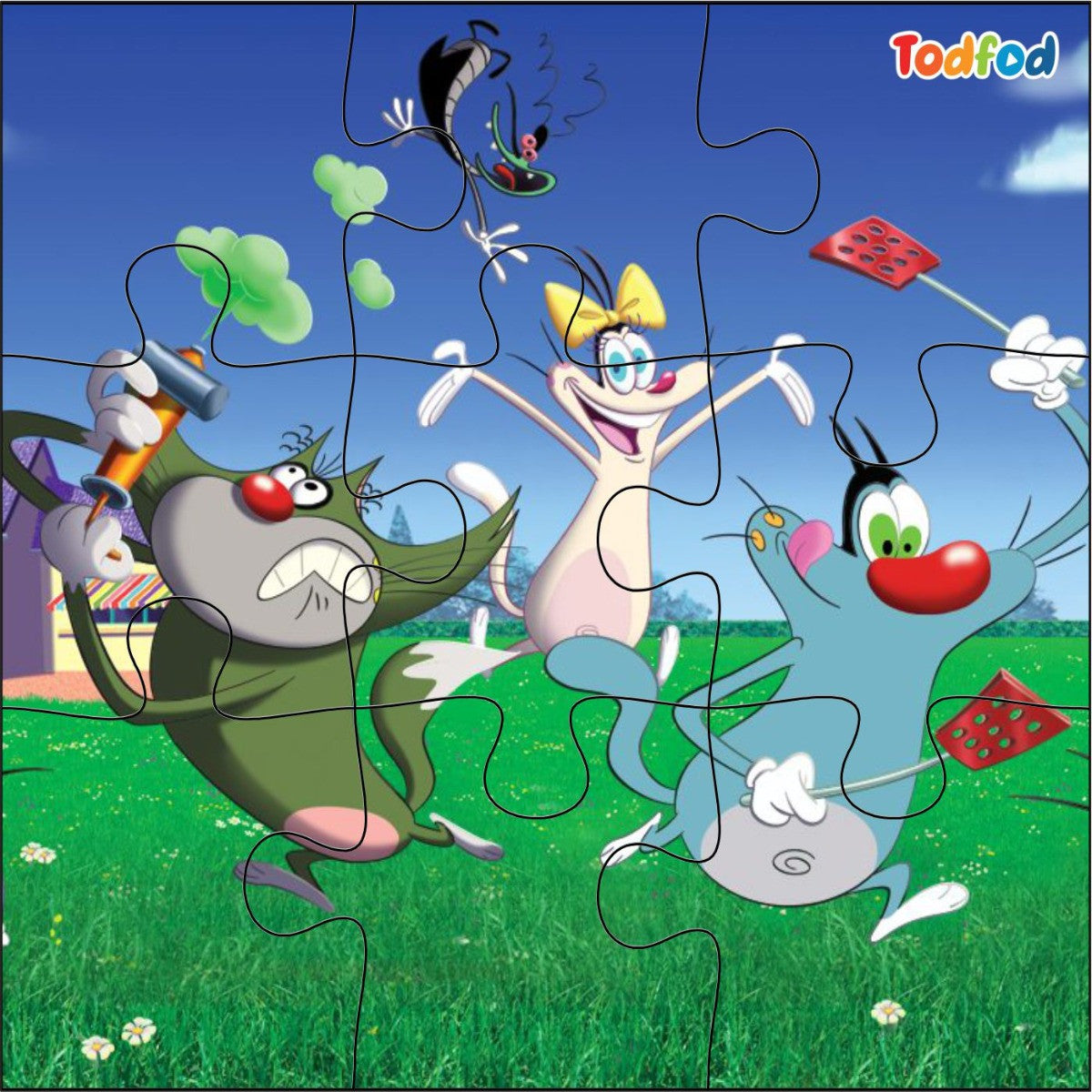 Cartoon characters from 'Todfod' in a grassy field with a blue sky.