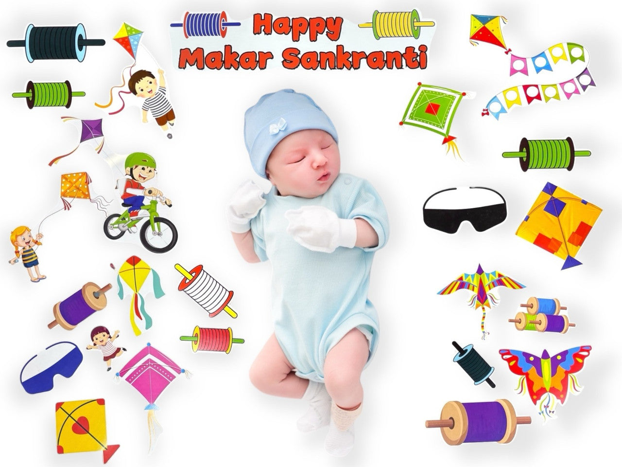 Baby in blue outfit surrounded by colorful Makar Sankranti decorations on a white background